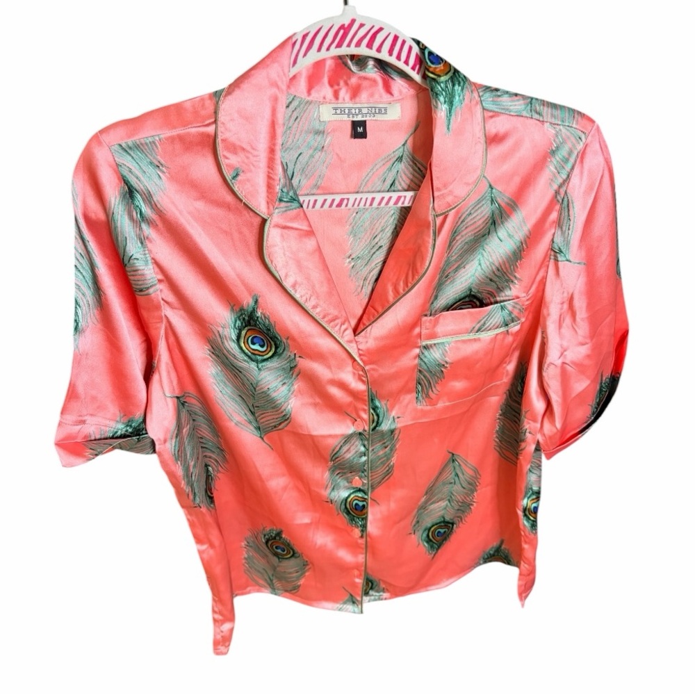 Trendy Pink Feather Print Satin Pajama Top